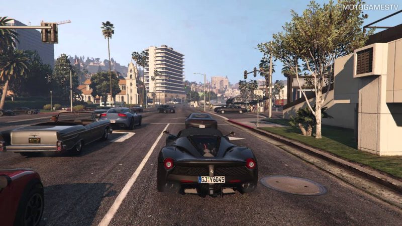 A fast car traveling on the road of Los Santos with amazing graphics and detail of GTA V reloaded